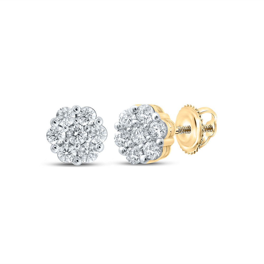 14kt Yellow Gold Womens Round Diamond Flower Cluster Earrings 1-1/5 Cttw