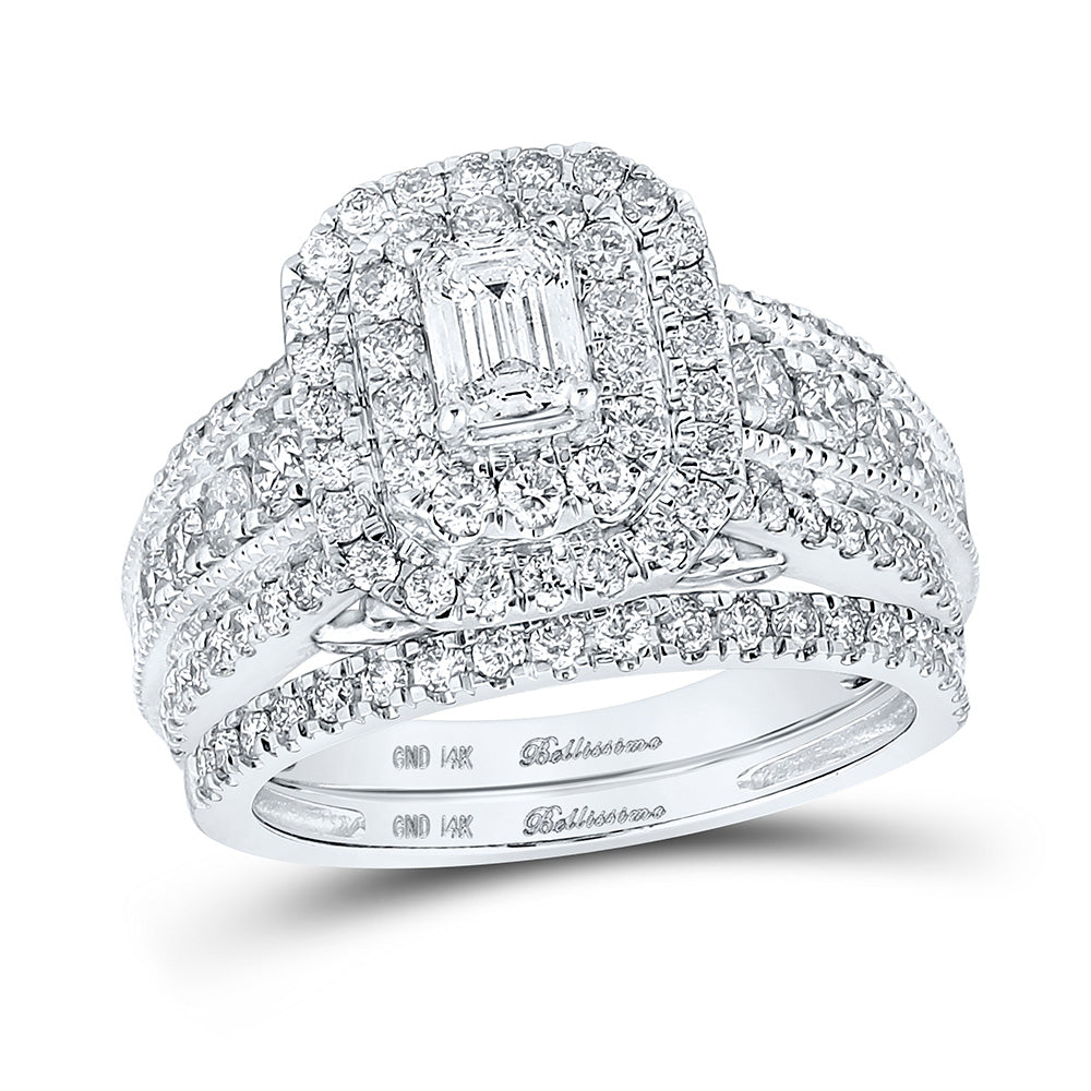 14kt White Gold Emerald Diamond Bridal Wedding Ring Band Set 2 Cttw