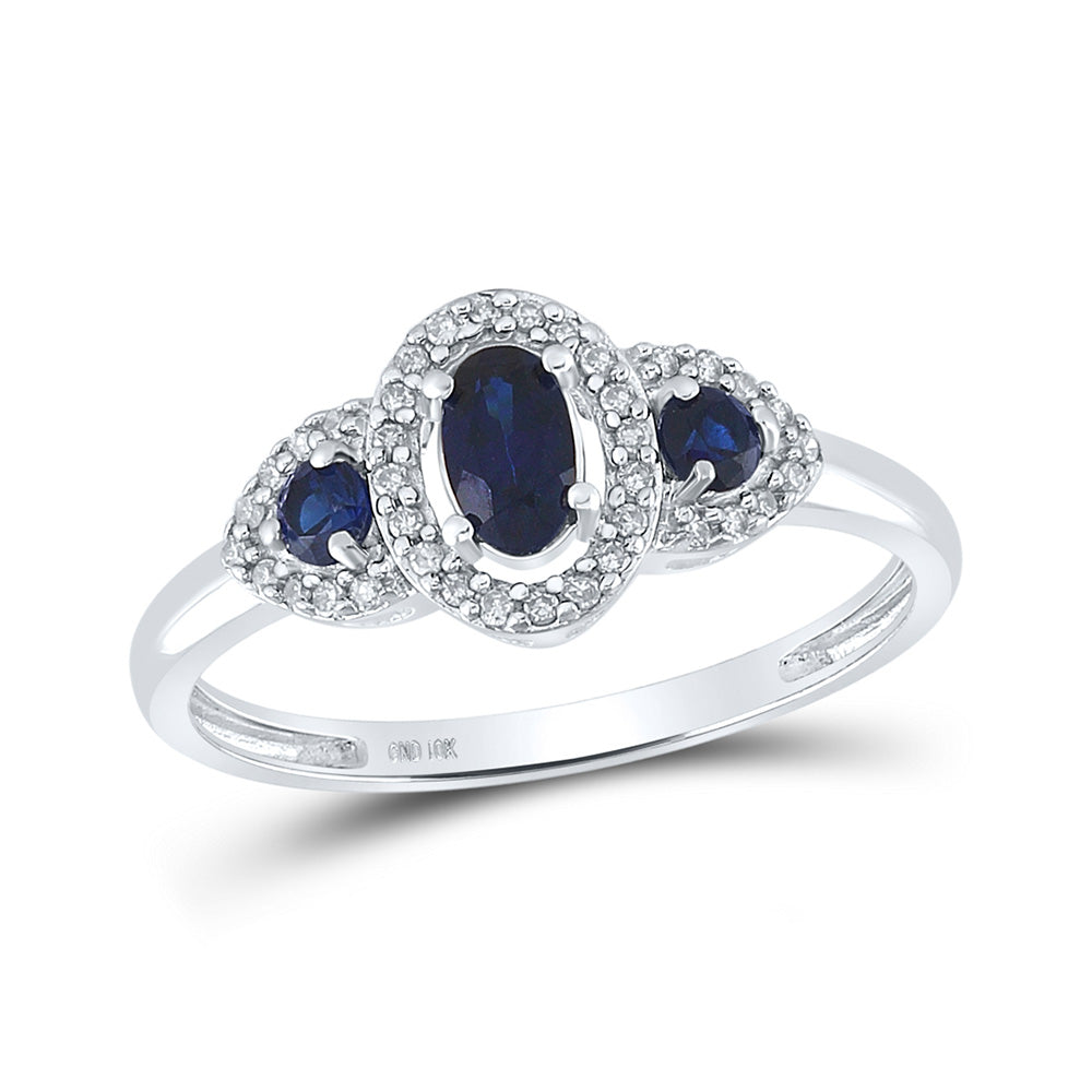 10kt White Gold Womens Oval Lab-Created Blue Sapphire 3-stone Ring 5/8 Cttw