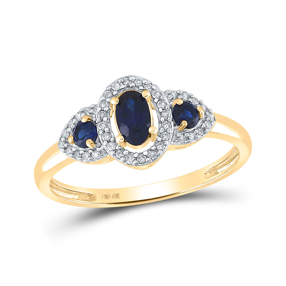 10kt Yellow Gold Womens Oval Lab-Created Blue Sapphire 3-stone Ring 5/8 Cttw