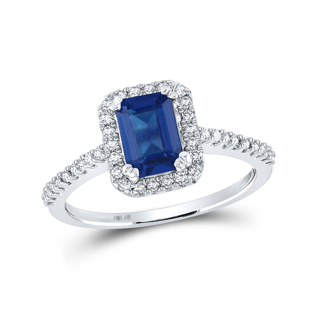 10kt White Gold Womens Emerald Lab-Created Blue Sapphire Solitaire Ring 1-3/4 Cttw
