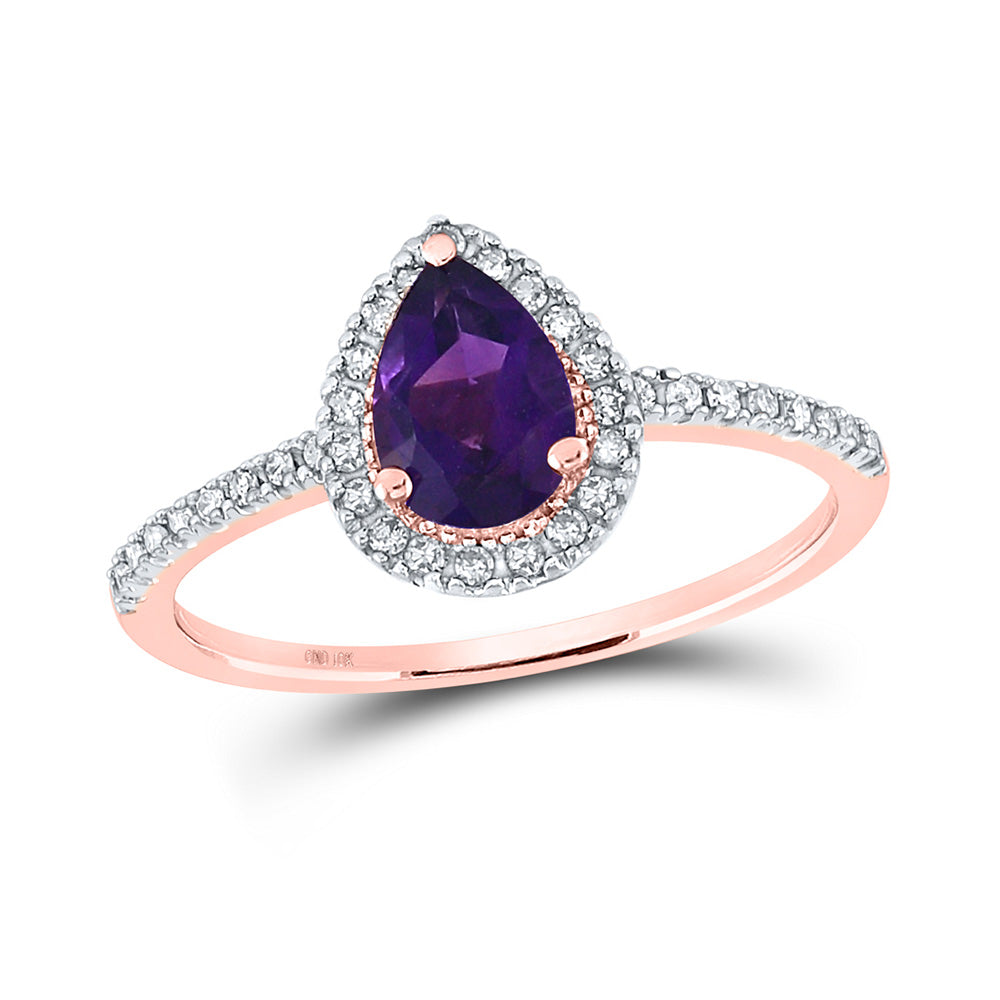 10kt Rose Gold Womens Pear Lab-Created Amethyst Solitaire Ring 3/4 Cttw