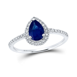 10kt White Gold Womens Pear Lab-Created Blue Sapphire Solitaire Ring 1 Cttw