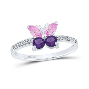 Sterling Silver Womens Round Lab-Created Amethyst Butterfly Ring 7/8 Cttw