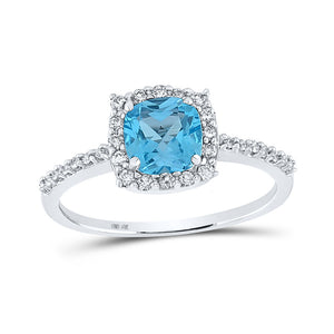 10kt White Gold Womens Cushion Lab-Created Blue Topaz Diamond Solitaire Ring 1-1/5 Cttw