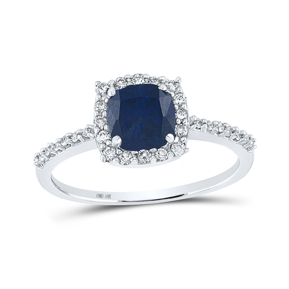 10kt White Gold Womens Cushion Lab-Created Blue Sapphire Diamond Solitaire Ring 1-1/2 Cttw