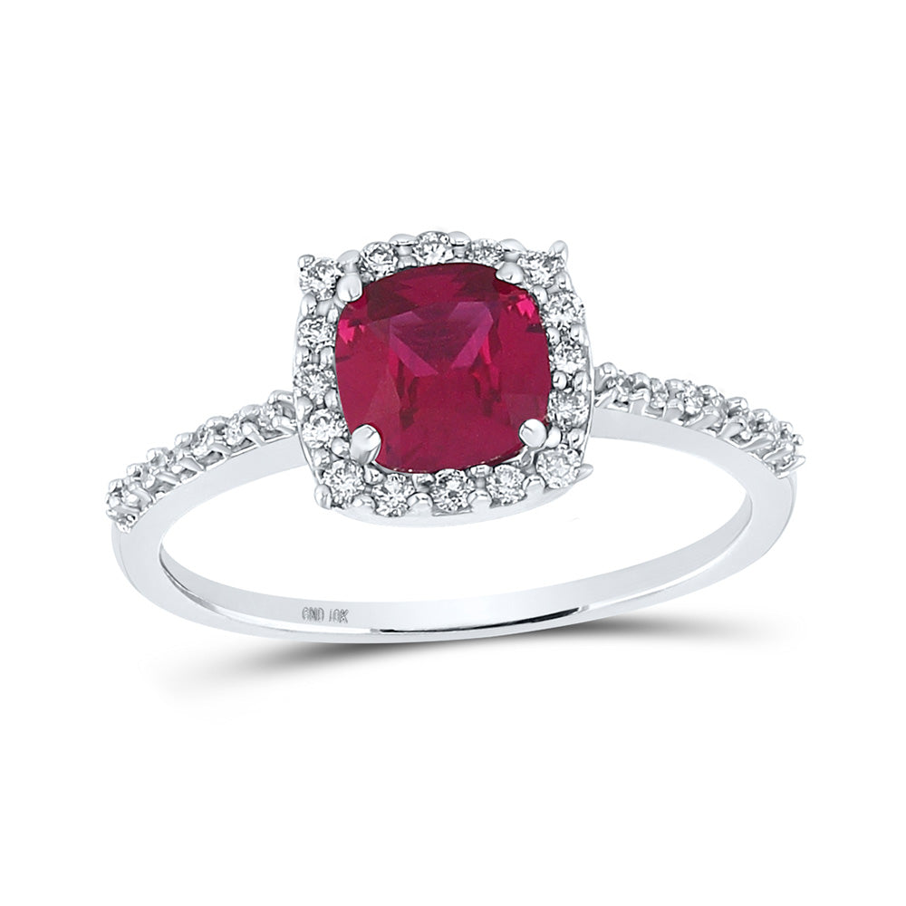 10kt White Gold Womens Cushion Lab-Created Ruby Diamond Solitaire Ring 1-1/2 Cttw