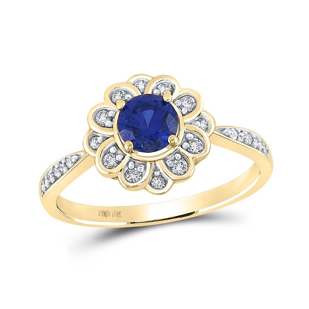 10kt Yellow Gold Womens Round Lab-Created Blue Sapphire Fashion Ring 7/8 Cttw