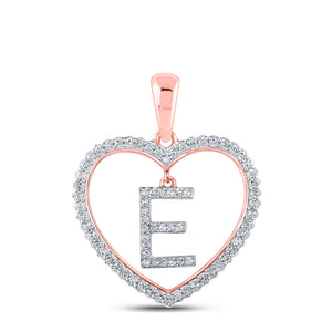 10kt Rose Gold Womens Round Diamond Heart E Letter Pendant 1/4 Cttw