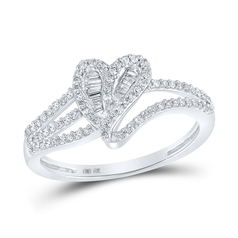 10kt White Gold Womens Baguette Diamond Heart Ring 1/3 Cttw
