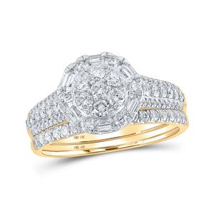 10kt Yellow Gold Round Diamond Halo Cluster Bridal Wedding Ring Band Set 1 Cttw