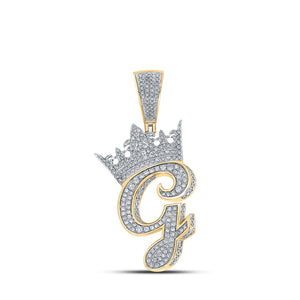 10kt Two-tone Gold Mens Round Diamond Crown G Letter Charm Pendant 1-3/8 Cttw