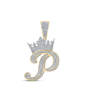 10kt Two-tone Gold Mens Round Diamond Crown P Letter Charm Pendant 1-1/2 Cttw