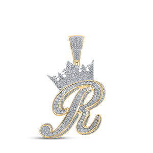 10kt Two-tone Gold Mens Round Diamond Crown R Letter Charm Pendant 1-7/8 Cttw