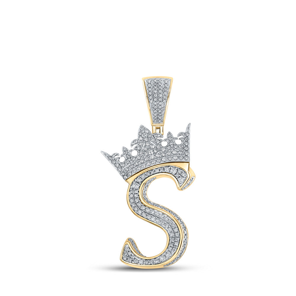 10kt Two-tone Gold Mens Round Diamond Crown S Letter Charm Pendant 1-1/5 Cttw