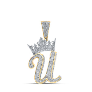 10kt Two-tone Gold Mens Round Diamond U Crown Letter Charm Pendant 1-1/2 Cttw