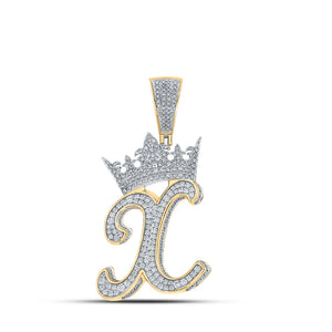 10kt Two-tone Gold Mens Round Diamond X Crown Letter Charm Pendant 1-1/2 Cttw