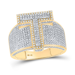 10kt Two-tone Gold Mens Round Diamond T Initial Letter Ring 1-1/5 Cttw
