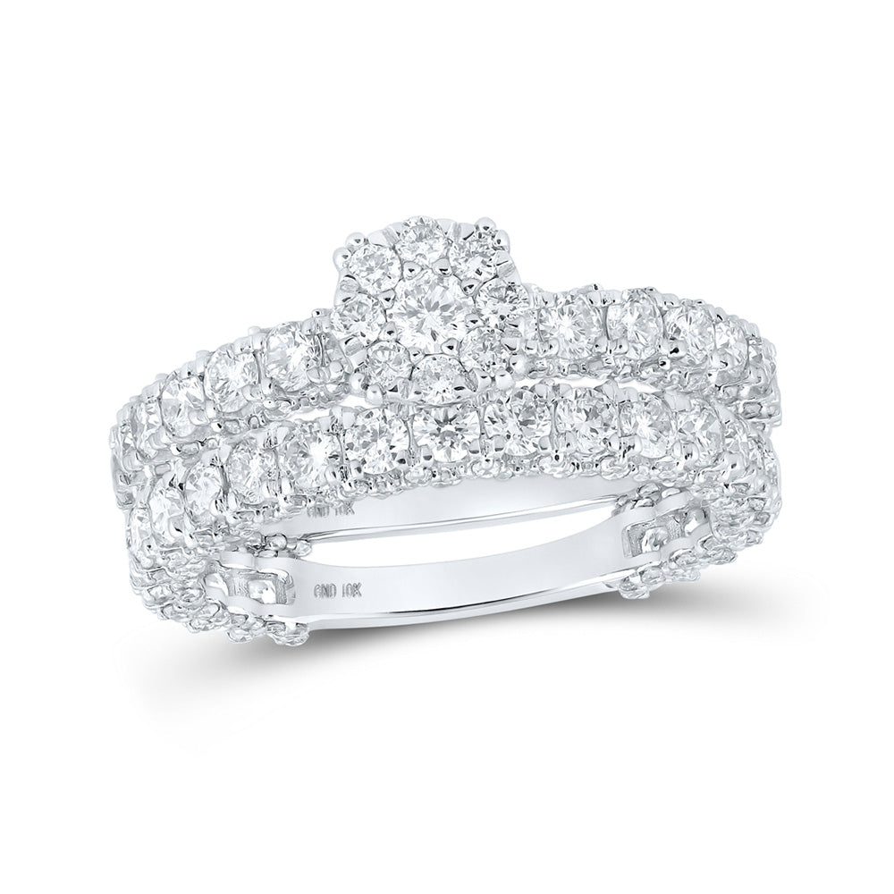 10kt White Gold Round Diamond Cluster Bridal Wedding Ring Band Set 3-1/4 Cttw