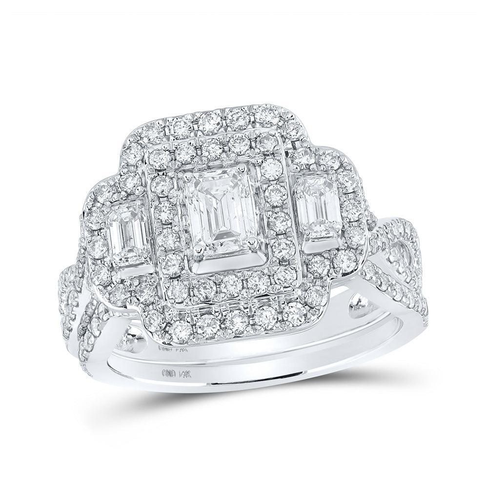 14kt White Gold Emerald Diamond 3-Stone Halo Bridal Wedding Ring Band Set 1-1/2 Cttw