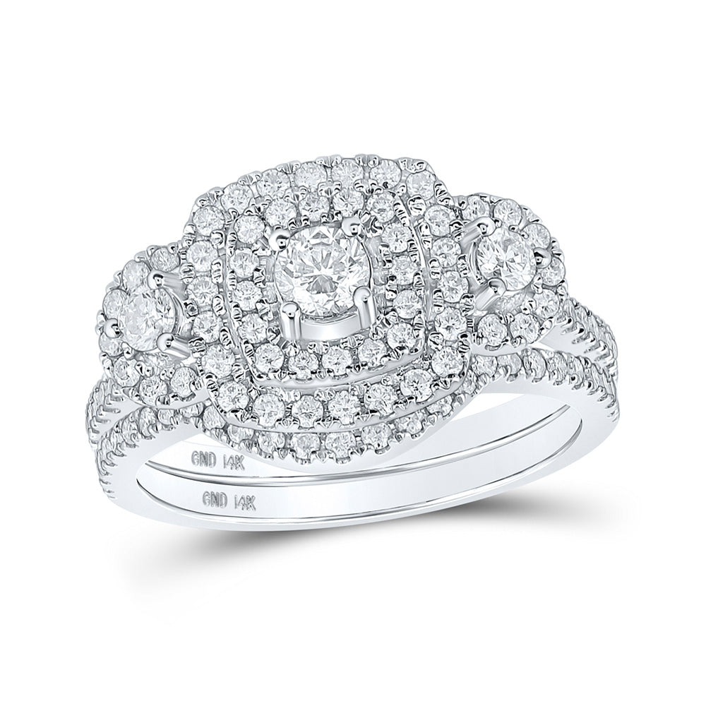 14kt White Gold Round Diamond 3-Stone Halo Bridal Wedding Ring Band Set 1 Cttw