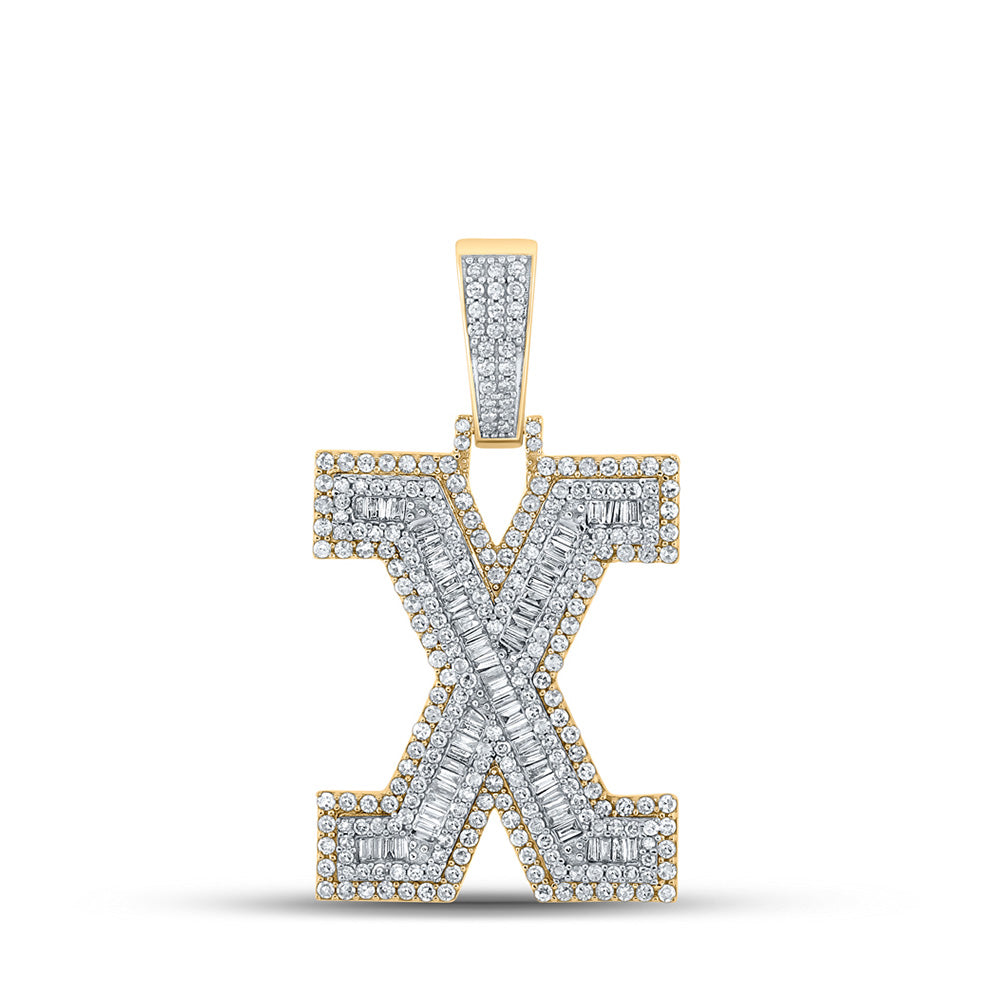 10kt Two-tone Gold Mens Baguette Diamond X Initial Letter Charm Pendant 2 Cttw