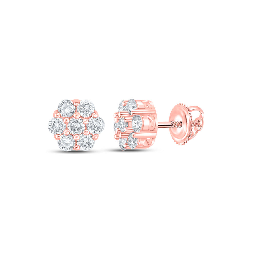 10kt Rose Gold Mens Round Diamond Flower Cluster Earrings 1/3 Cttw