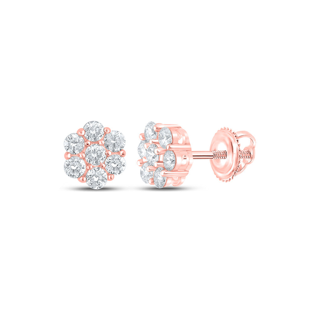 10kt Rose Gold Mens Round Diamond Flower Cluster Earrings 5/8 Cttw