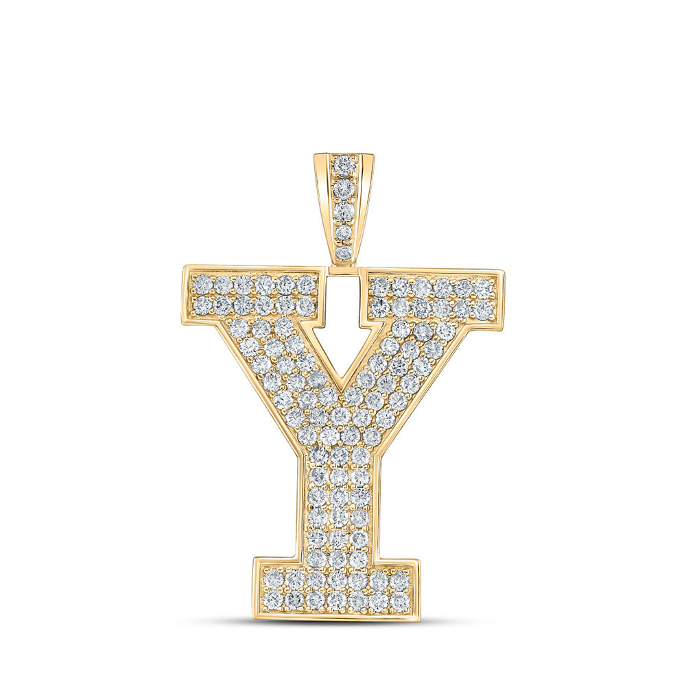 10kt Yellow Gold Mens Round Diamond Y Initial Letter Charm Pendant 1-5/8 Cttw