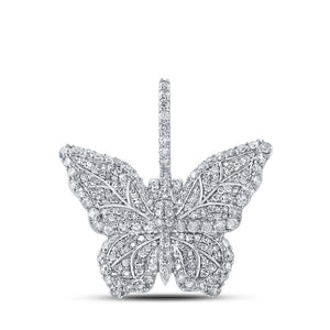 10kt White Gold Mens Round Diamond Butterfly Charm Pendant 1-1/2 Cttw