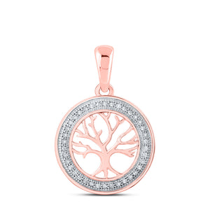 10kt Rose Gold Womens Round Diamond Tree of Life Circle Pendant 1/10 Cttw