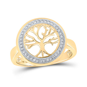 10kt Yellow Gold Womens Round Diamond Tree of Life Circle Ring 1/10 Cttw