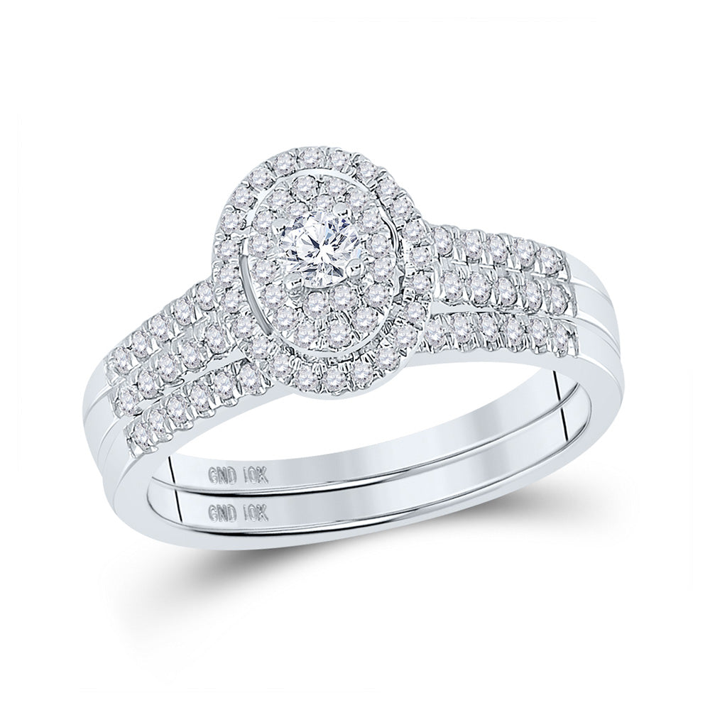 10kt White Gold Round Diamond Halo Bridal Wedding Ring Band Set 1/2 Cttw