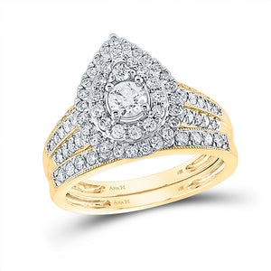14kt Yellow Gold Round Diamond Tear Halo Bridal Wedding Ring Band Set 1 Cttw
