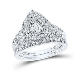 14kt White Gold Round Diamond Tear Halo Bridal Wedding Ring Band Set 1 Cttw