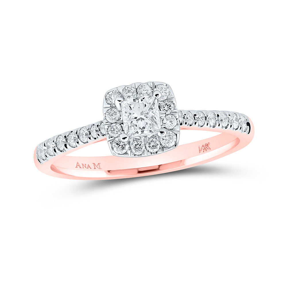 14kt Rose Gold Princess Diamond Halo Bridal Wedding Engagement Ring 1/2 Cttw