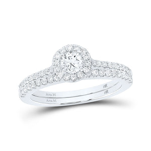 14kt White Gold Round Diamond Halo Bridal Wedding Ring Band Set 7/8 Cttw