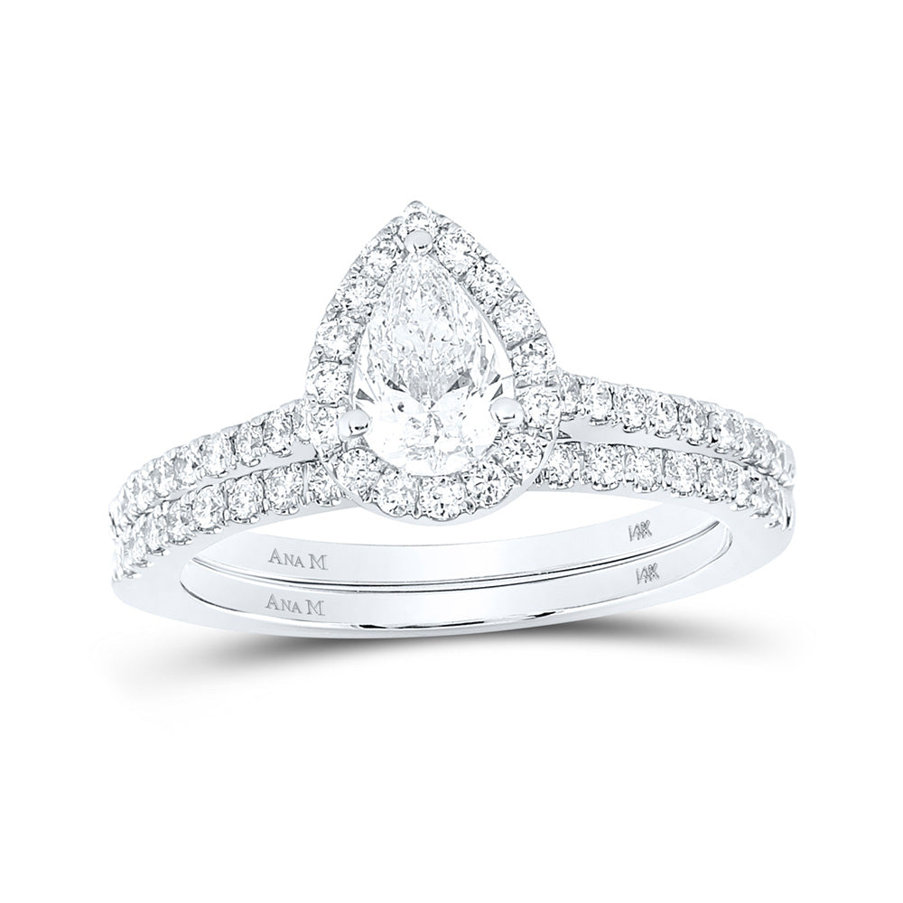 14kt White Gold Pear Diamond Halo Bridal Wedding Ring Band Set 1 Cttw