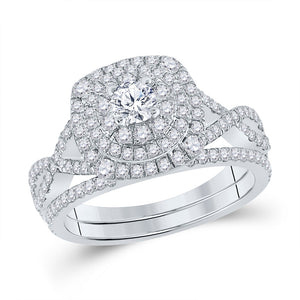 14kt White Gold Round Diamond Halo Bridal Wedding Ring Band Set 1-1/3 Cttw