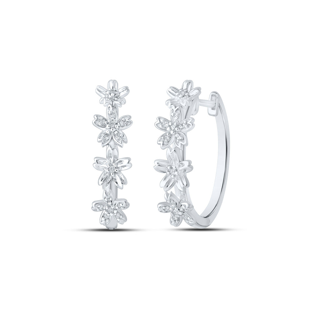 10kt White Gold Womens Round Diamond Flower Hoop Earrings 1/8 Cttw