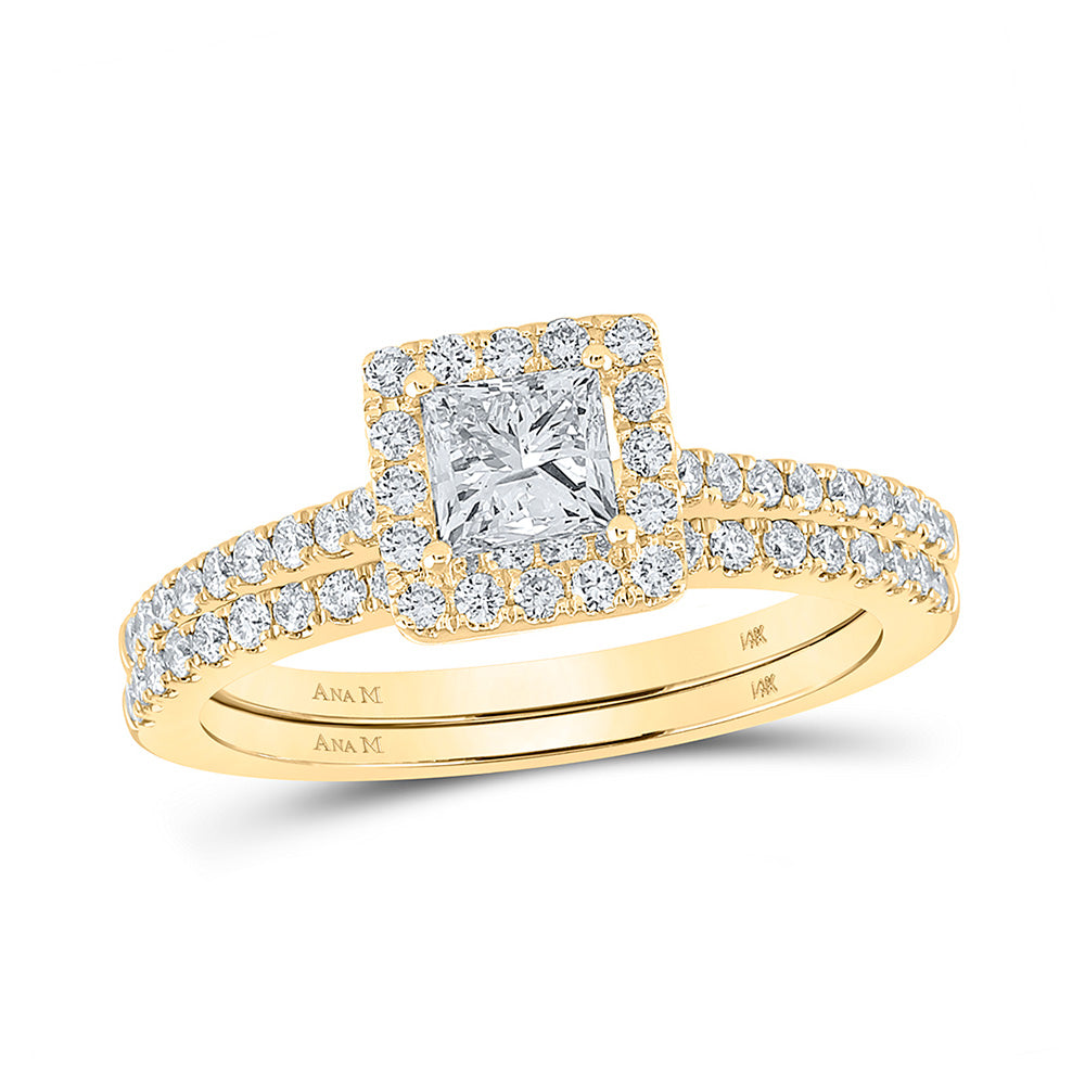 14kt Yellow Gold Princess Diamond Square Halo Bridal Wedding Ring Band Set 1-1/4 Cttw