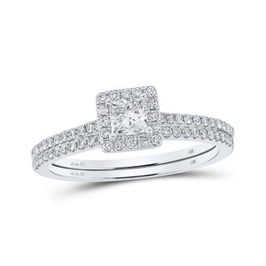 14kt White Gold Princess Diamond Halo Bridal Wedding Ring Band Set 5/8 Cttw