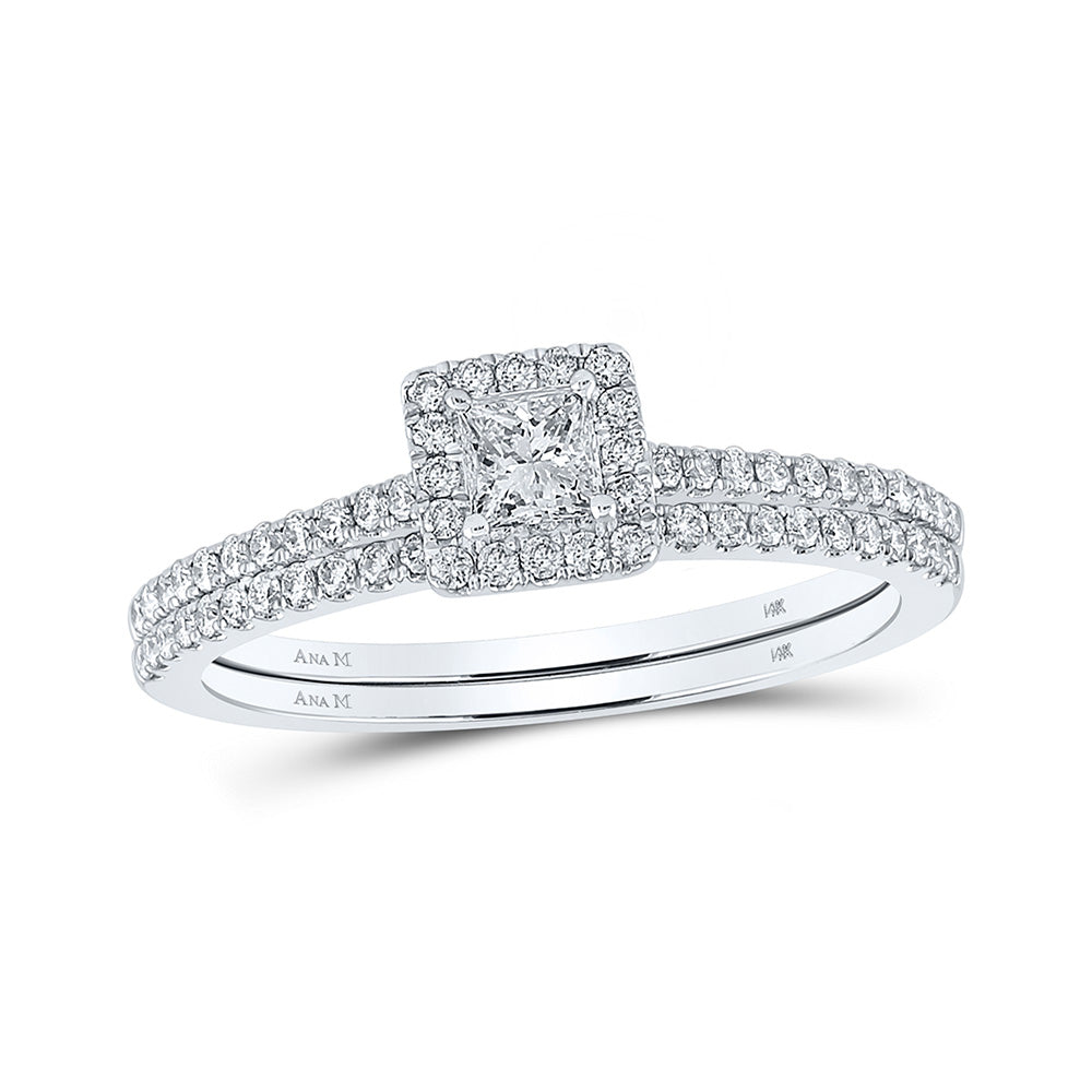 14kt White Gold Princess Diamond Halo Bridal Wedding Ring Band Set 1/2 Cttw