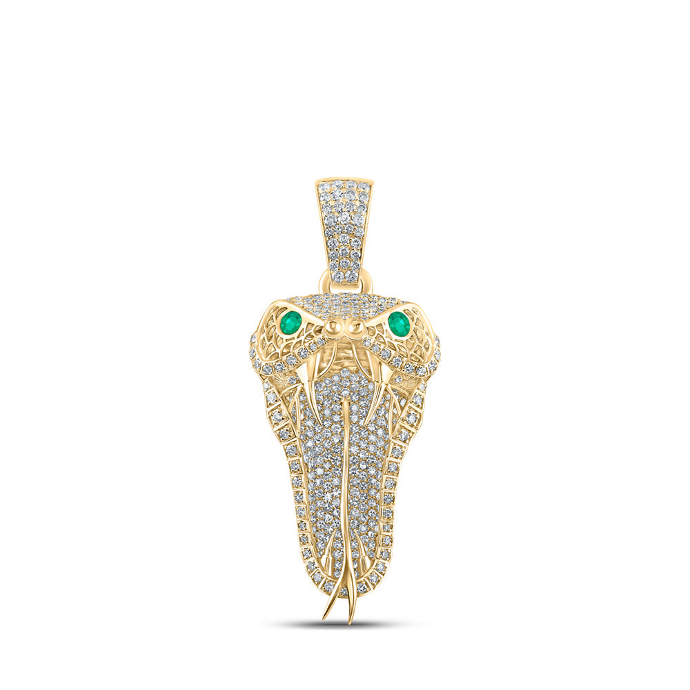 10kt Yellow Gold Mens Round Emerald Diamond Snake Charm Pendant 2-7/8 Cttw