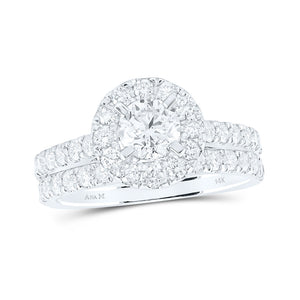 14kt White Gold Round Diamond Halo Bridal Wedding Ring Band Set 1-7/8 Cttw