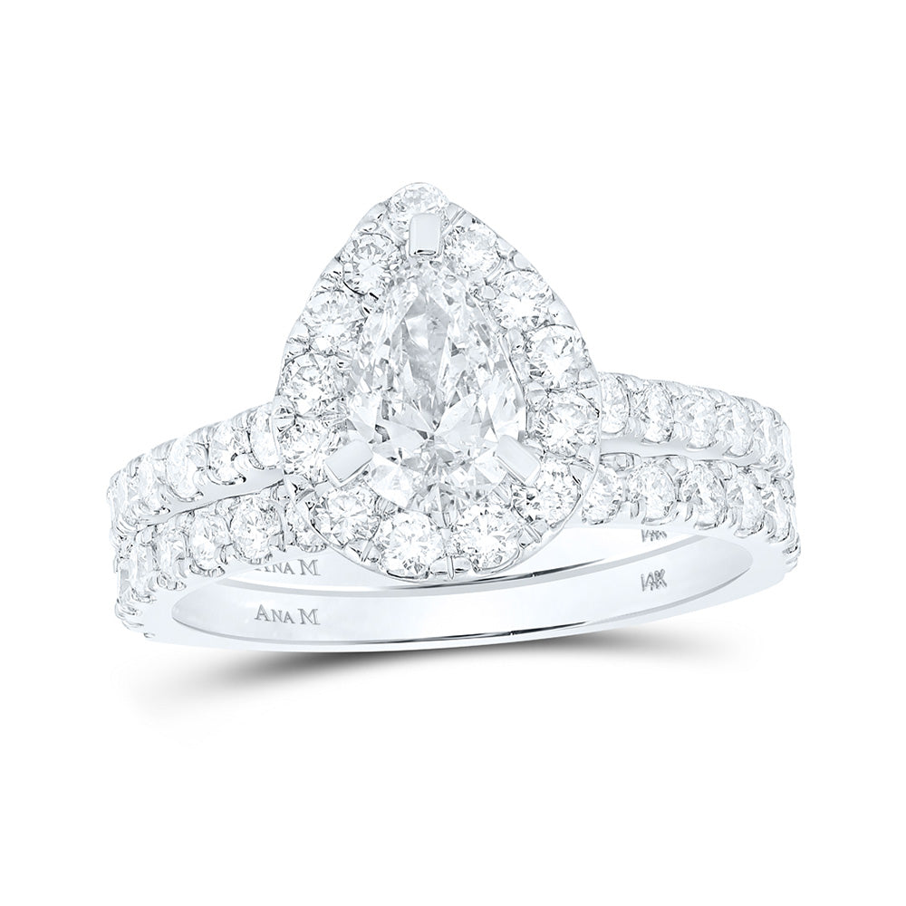 14kt White Gold Pear Diamond Halo Bridal Wedding Ring Band Set 1-7/8 Cttw