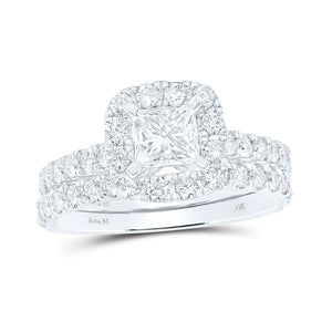 14kt White Gold Princess Diamond Halo Bridal Wedding Ring Band Set 1-7/8 Cttw