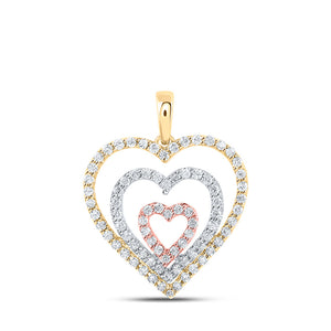 10kt Tri-Tone Gold Womens Round Diamond Triple Nested Heart Pendant 1/2 Cttw