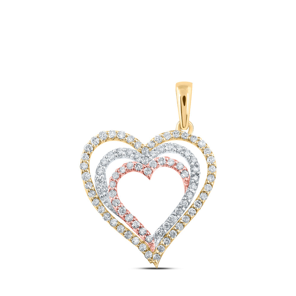 10kt Tri-Tone Gold Womens Round Diamond Nested Heart Pendant 1/2 Cttw