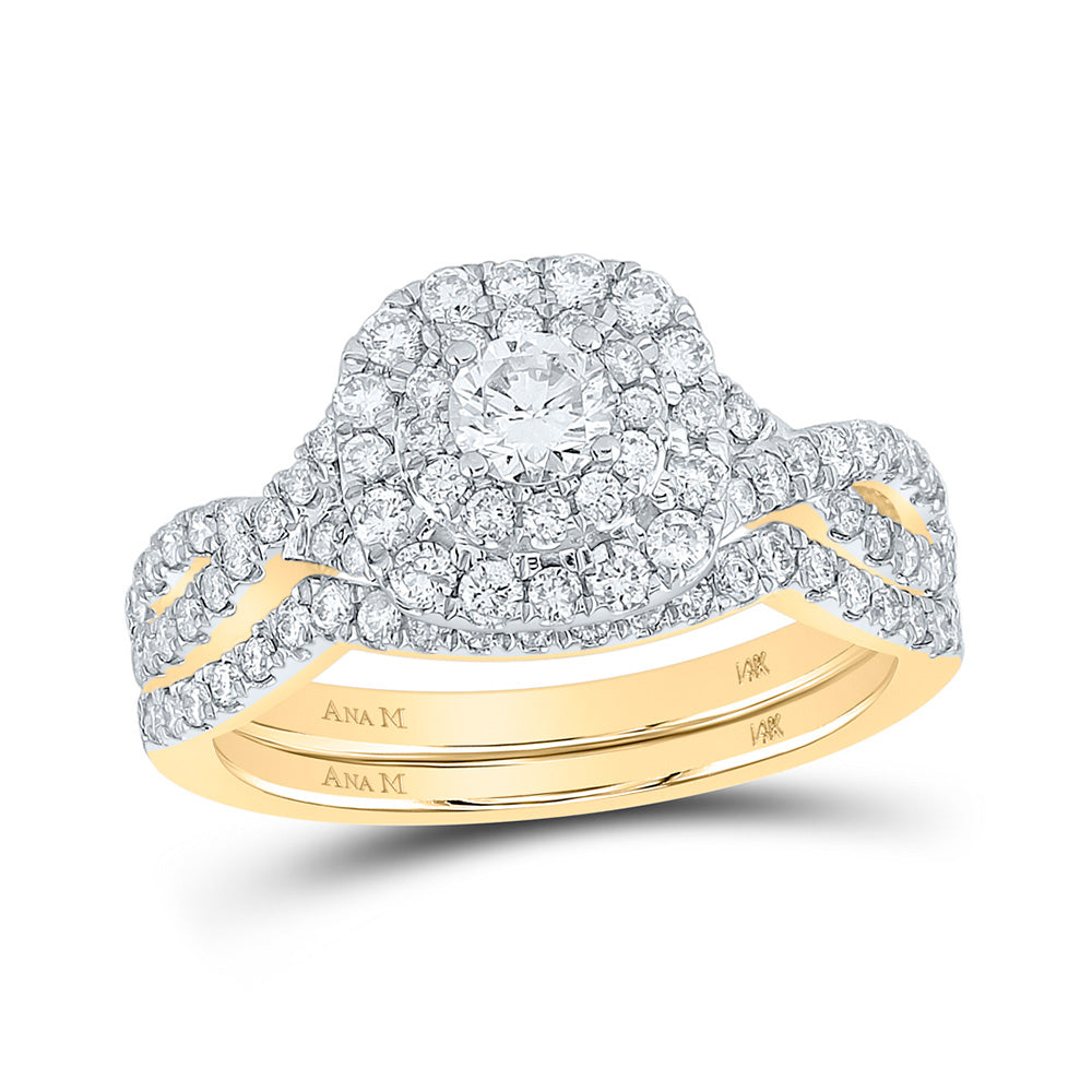14kt Yellow Gold Round Diamond Halo Bridal Wedding Ring Band Set 1 Cttw